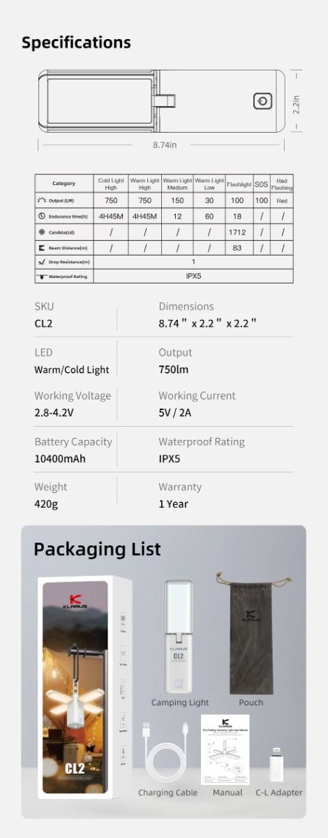 Klarus CL2 750 lumen fritt foldbar campinglampe, bærbar, øyevennlig, allsidig lampe med 7 lysmoduser