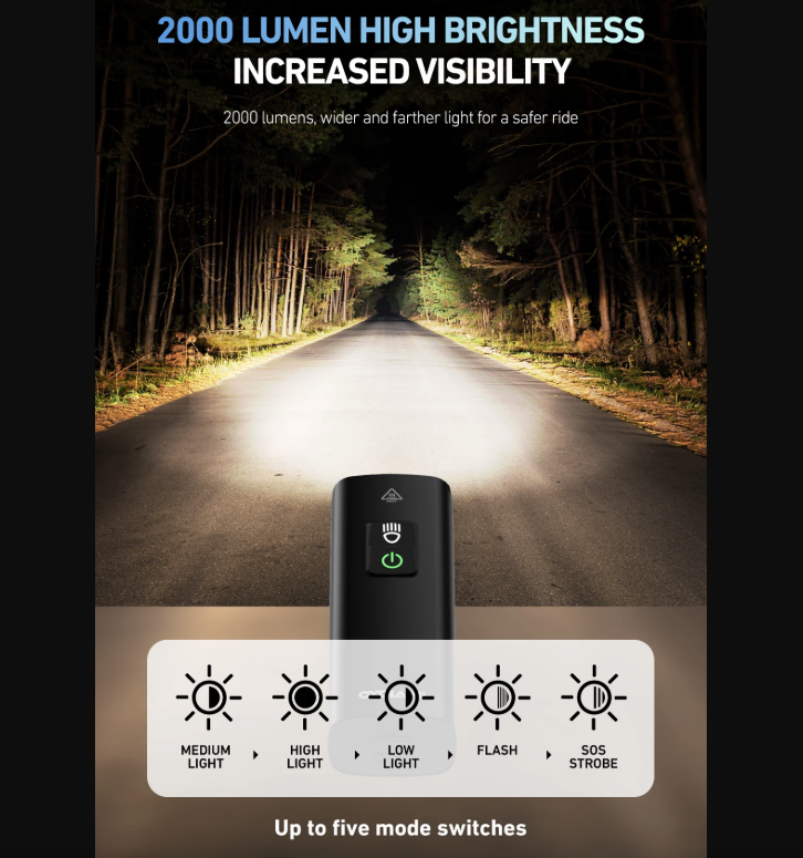 CYCLAMI Sykkelfrontlys BR2000 Type-C MTB Vei Høylys Lampe Styre Sykkellys