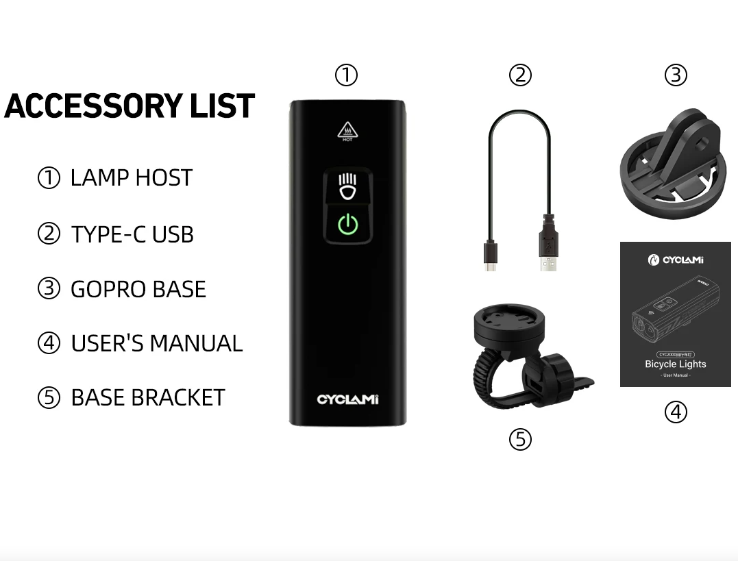 CYCLAMI Sykkelfrontlys BR2000 Type-C MTB Vei Høylys Lampe Styre Sykkellys
