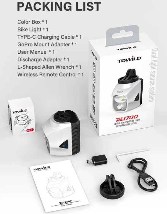 TOWILD DLite 1700 USB-oppladbart sykkellys 1900 lumen vanntett frontlys sykling DL1700 sykkellys