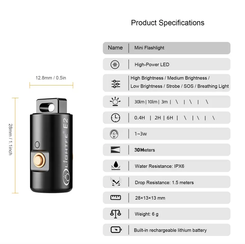 Mini lommelykt LED oppladbar for camping og fotturer, nøkkelringlys med halskjede