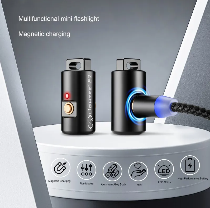 Mini lommelykt LED oppladbar for camping og fotturer, nøkkelringlys med halskjede