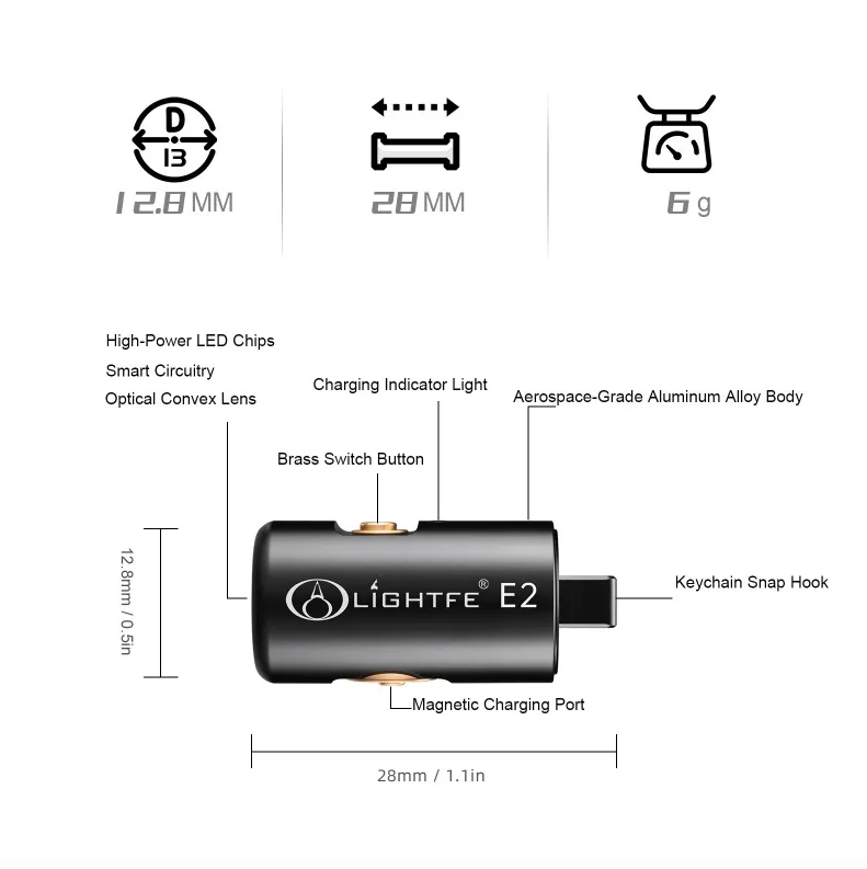 Mini lommelykt LED oppladbar for camping og fotturer, nøkkelringlys med halskjede