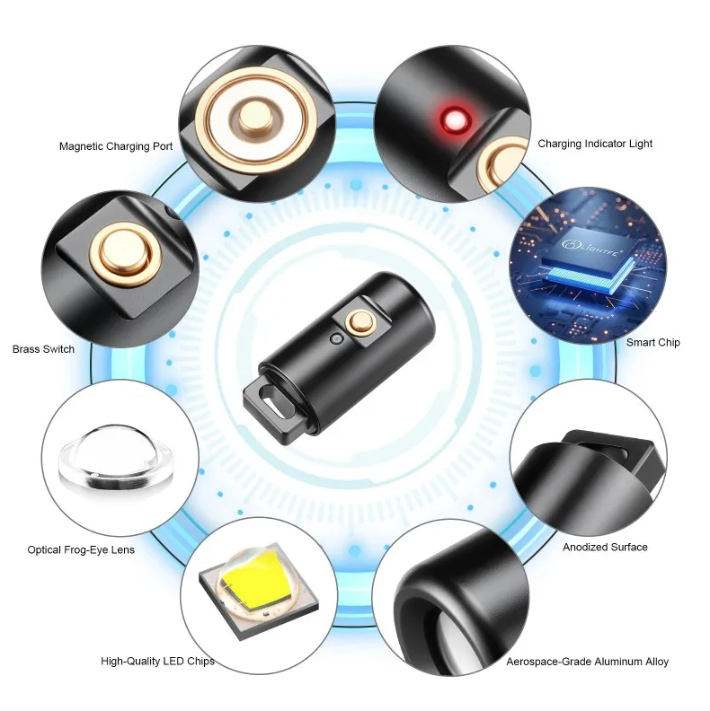 Mini lommelykt LED oppladbar for camping og fotturer, nøkkelringlys med halskjede