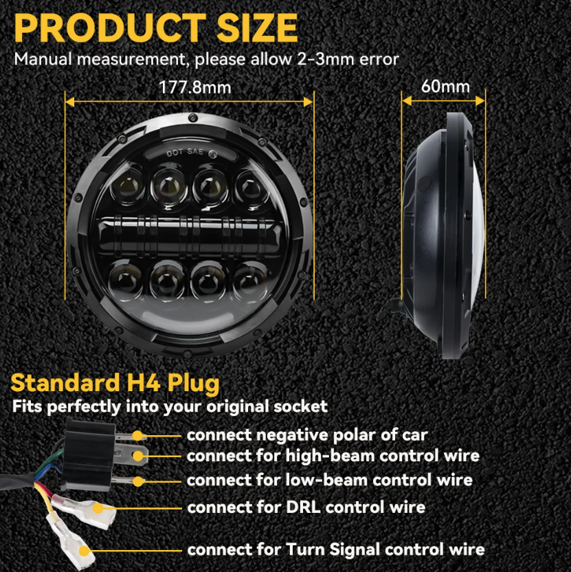 7 Tommers Motorsykkel LED-Hodelykt Beam DRL Blinklys 7" Rund Hodelykt for Harley Jeep Wrangler Hummer