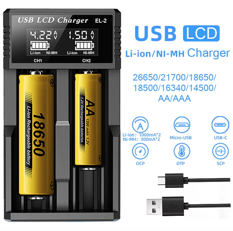USB LCD smartlader for batterier – effektiv lader for 18650, AA og AAA-batterier med LCD-skjerm – allsidig og bærbar