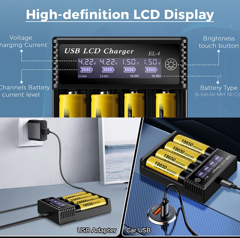USB LCD smartlader for batterier – effektiv lader for 18650, AA og AAA-batterier med LCD-skjerm – allsidig og bærbar