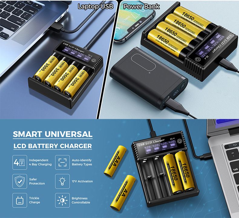 USB LCD smartlader for batterier – effektiv lader for 18650, AA og AAA-batterier med LCD-skjerm – allsidig og bærbar