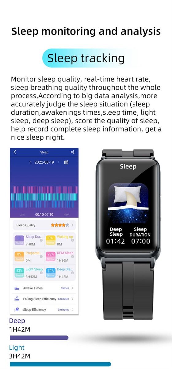 EP01 Blodsukker Smartklokke: EKG, HRV, Hjertefrekvens, Temp. 1,47" HD Vanntett Fitness Tracker