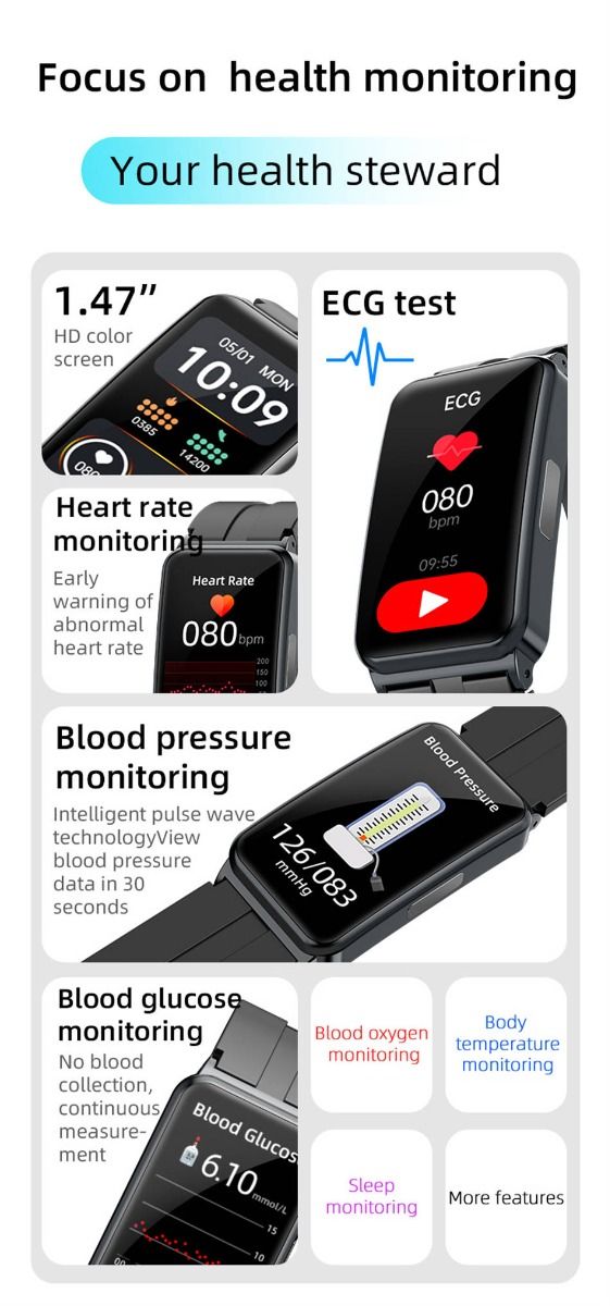 EP01 Blodsukker Smartklokke: EKG, HRV, Hjertefrekvens, Temp. 1,47" HD Vanntett Fitness Tracker