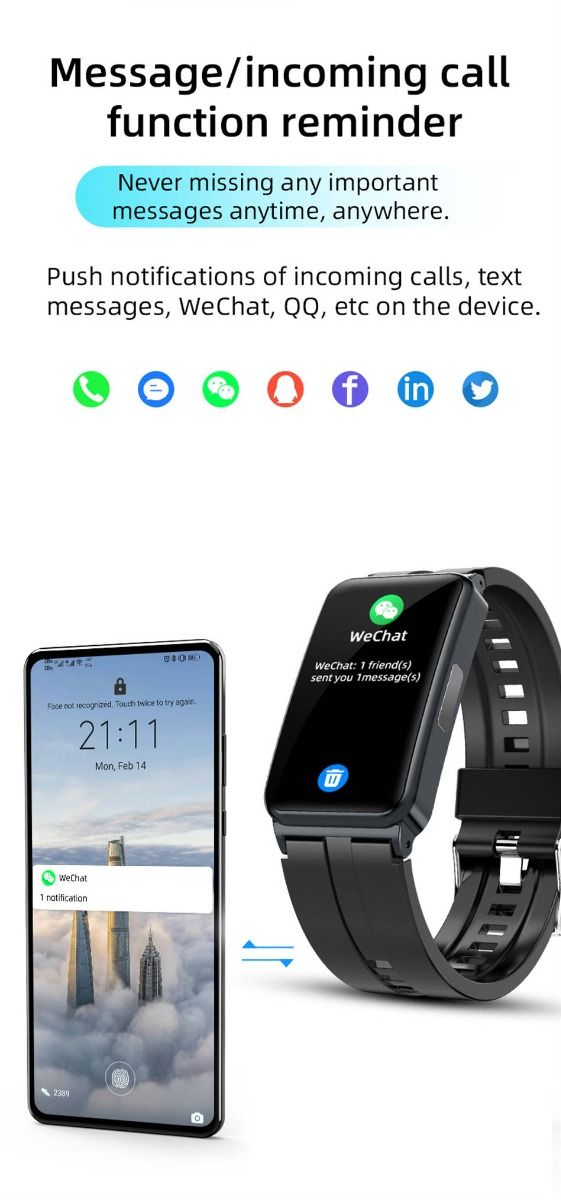 EP01 Blodsukker Smartklokke: EKG, HRV, Hjertefrekvens, Temp. 1,47" HD Vanntett Fitness Tracker