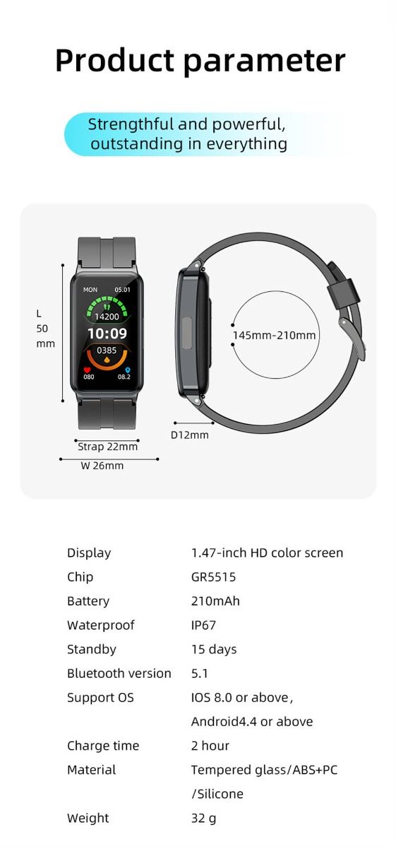 EP01 Blodsukker Smartklokke: EKG, HRV, Hjertefrekvens, Temp. 1,47" HD Vanntett Fitness Tracker