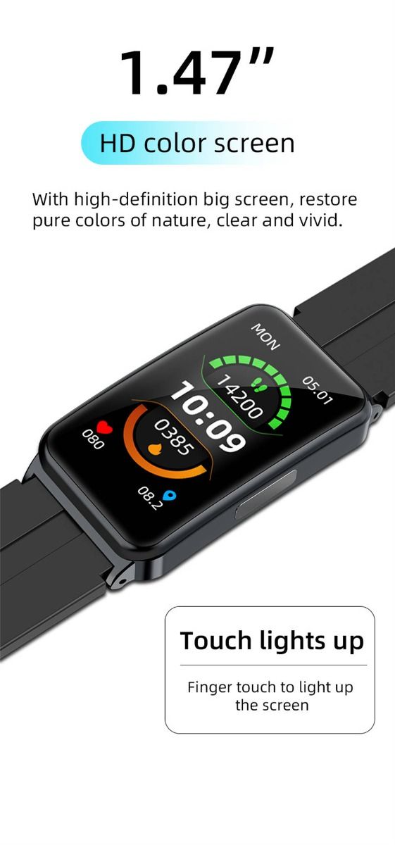 EP01 Blodsukker Smartklokke: EKG, HRV, Hjertefrekvens, Temp. 1,47" HD Vanntett Fitness Tracker