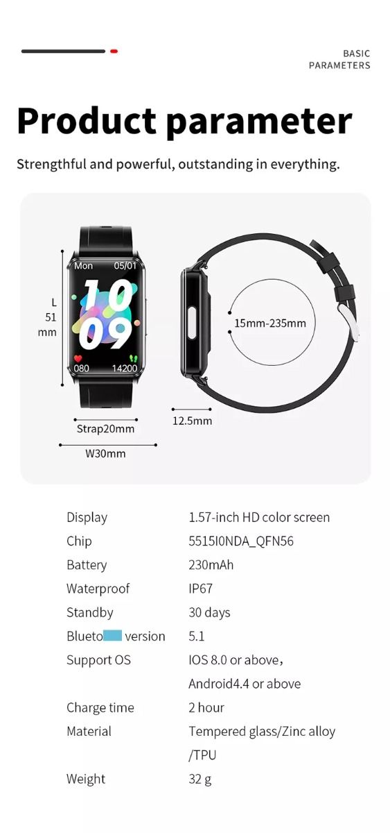 EP02 Blodsukker Smartklokke EKG HRV hjertefrekvens temperatur 1,57" HD vanntett Smartarmbånd Fitness Tracker