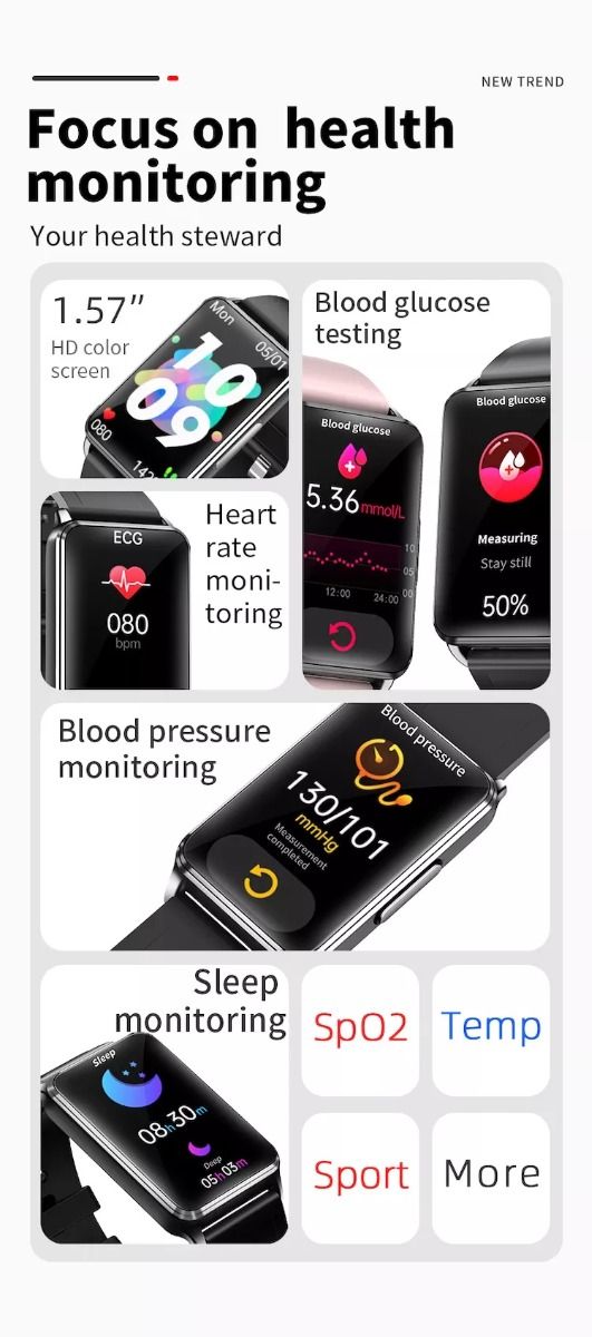 EP02 Blodsukker Smartklokke EKG HRV hjertefrekvens temperatur 1,57" HD vanntett Smartarmbånd Fitness Tracker