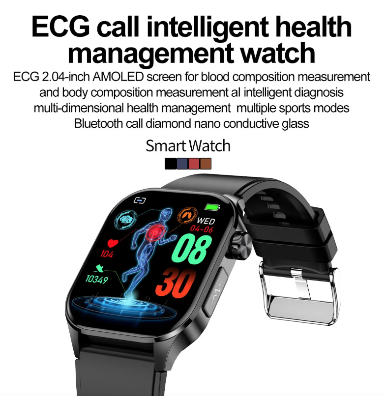 E580 Blodsukker Smartklokke EKG Puls Blodtrykk IP68 Vanntett Smartklokke
