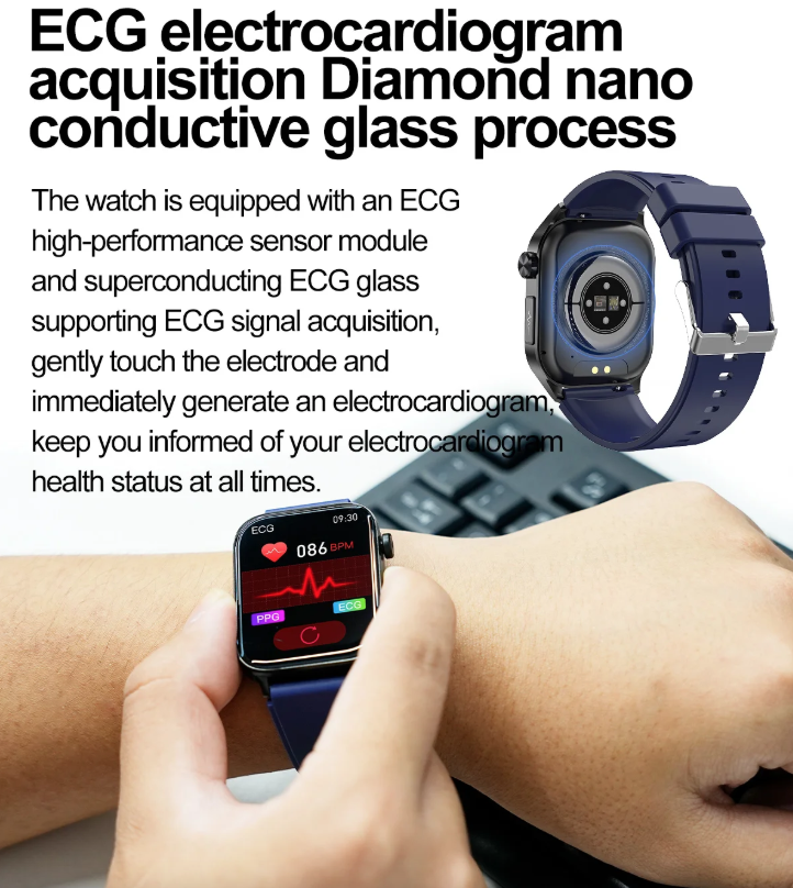 E580 Blodsukker Smartklokke EKG Puls Blodtrykk IP68 Vanntett Smartklokke