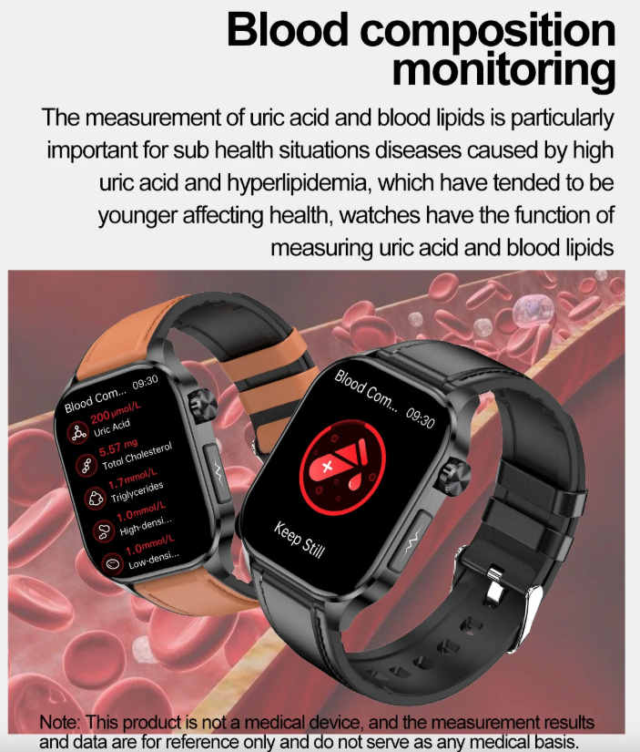 E580 Blodsukker Smartklokke EKG Puls Blodtrykk IP68 Vanntett Smartklokke