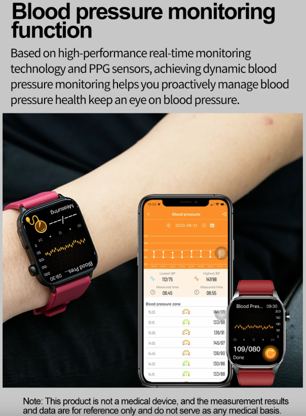E580 Blodsukker Smartklokke EKG Puls Blodtrykk IP68 Vanntett Smartklokke