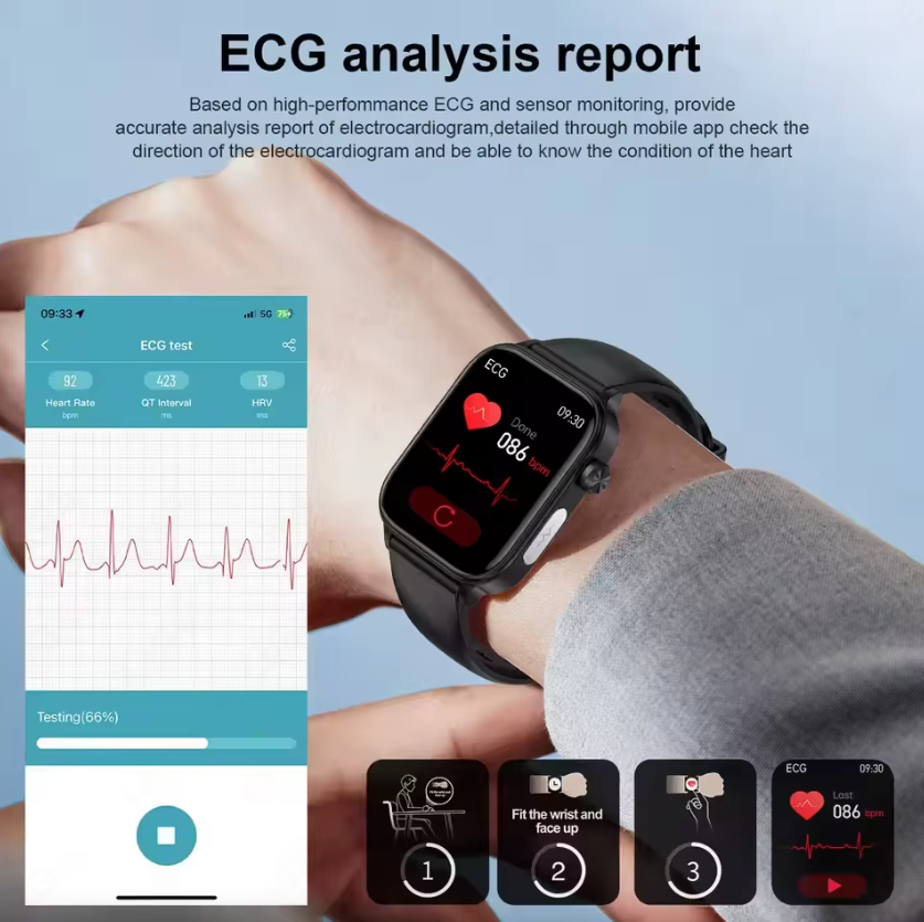 ET585 ECG+PPG AI Health Diagnose Smartklokke for menn og kvinner – Klokke med blodlipid, blodtrykk, urinsyre og puls