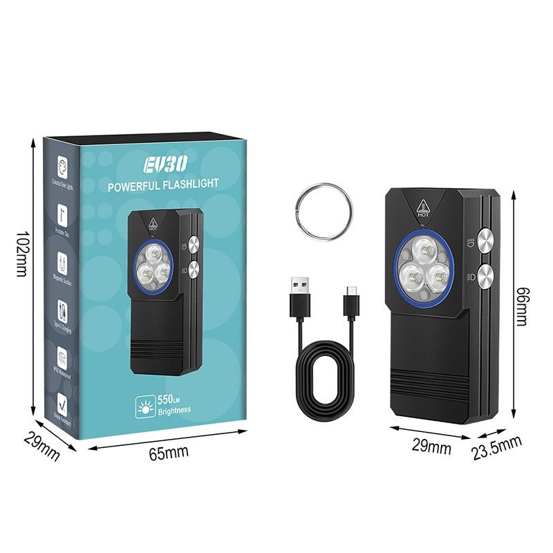 EV30 Mini LED EDC-lommelykt med 365nm UV-lys, 550 lumen USB-C oppladbar nøkkelring-lommelykt