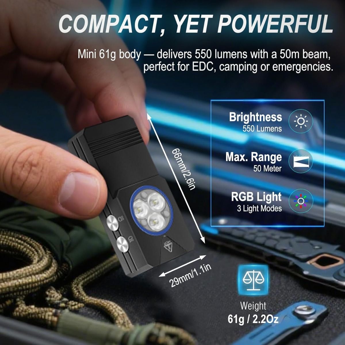 EV30 Mini LED EDC-lommelykt med 365nm UV-lys, 550 lumen USB-C oppladbar nøkkelring-lommelykt