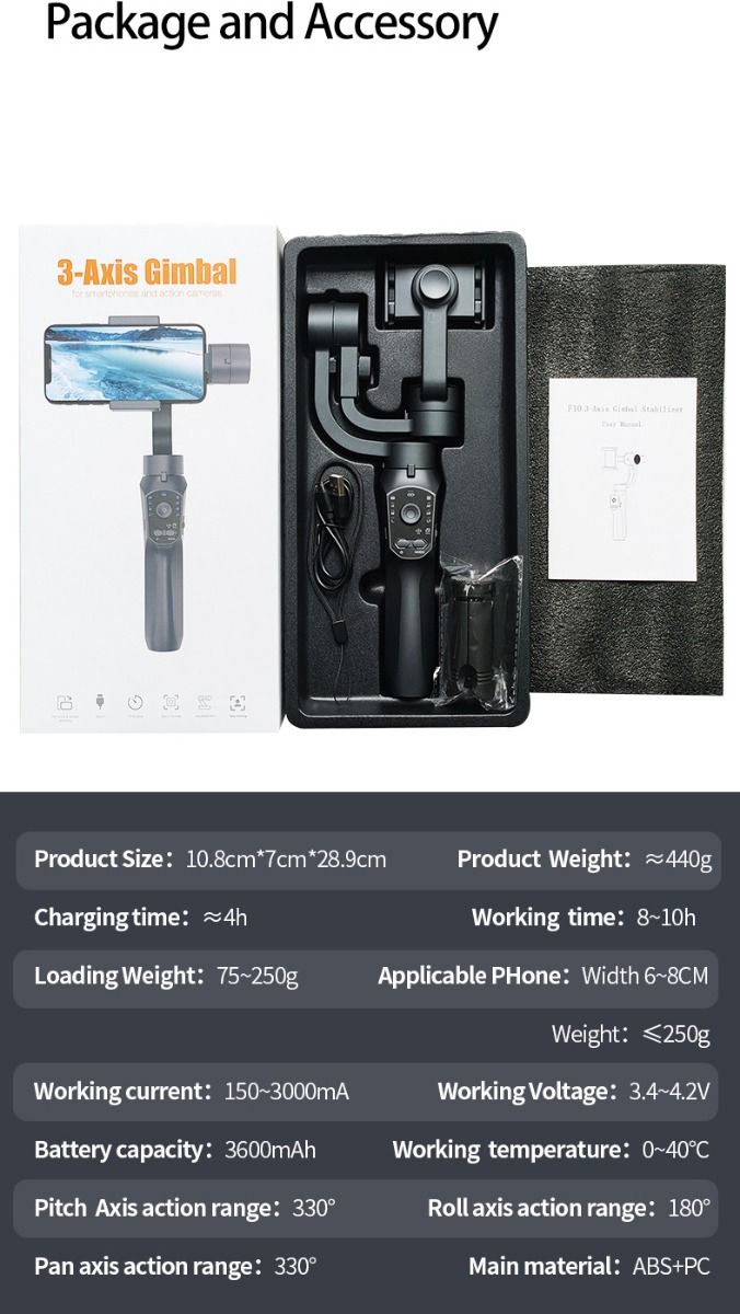 F10 Pro Stabilizer 3-akset telefon-gimbal for mobilfilmskaping med smarttelefonkompatibilitet og ansiktsgjenkjenning