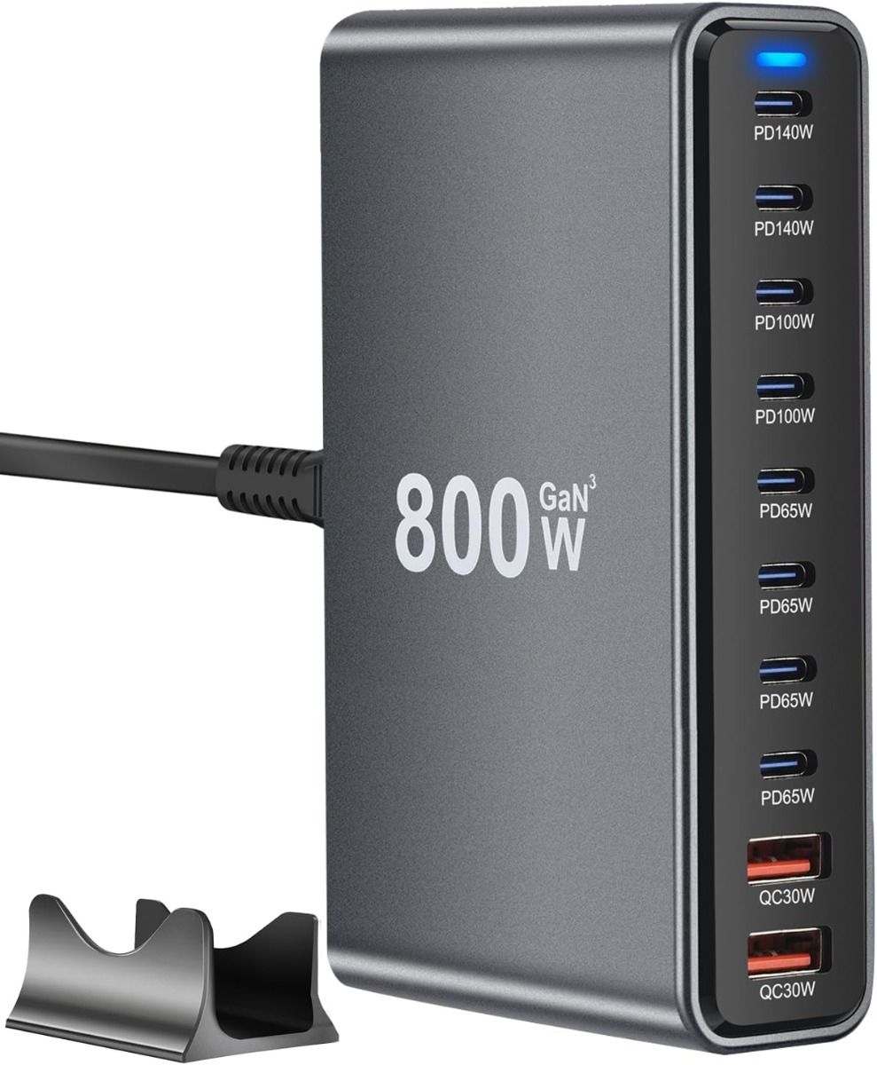 800W USB C Lader GaN III Pro 10-port 140W PD PPS USB Ladestasjon - Rask Lader!