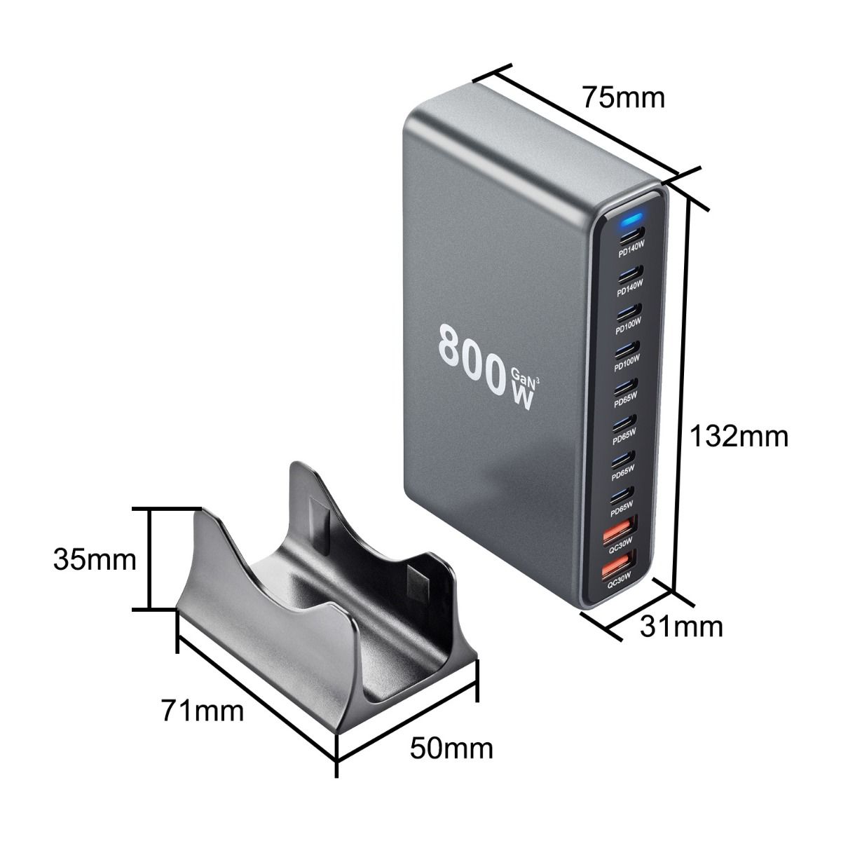 800W USB-C hurtigladerblokk, 10-ports USB-ladestasjon, GaN Ⅲ Pro Dual 140W PD PPS portlader kompatibel