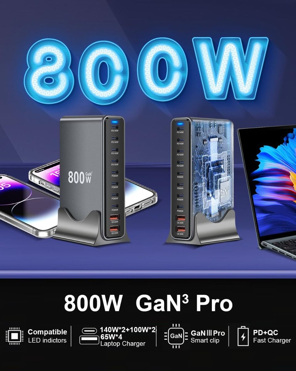 800W USB-C hurtigladerblokk, 10-ports USB-ladestasjon, GaN Ⅲ Pro Dual 140W PD PPS portlader kompatibel