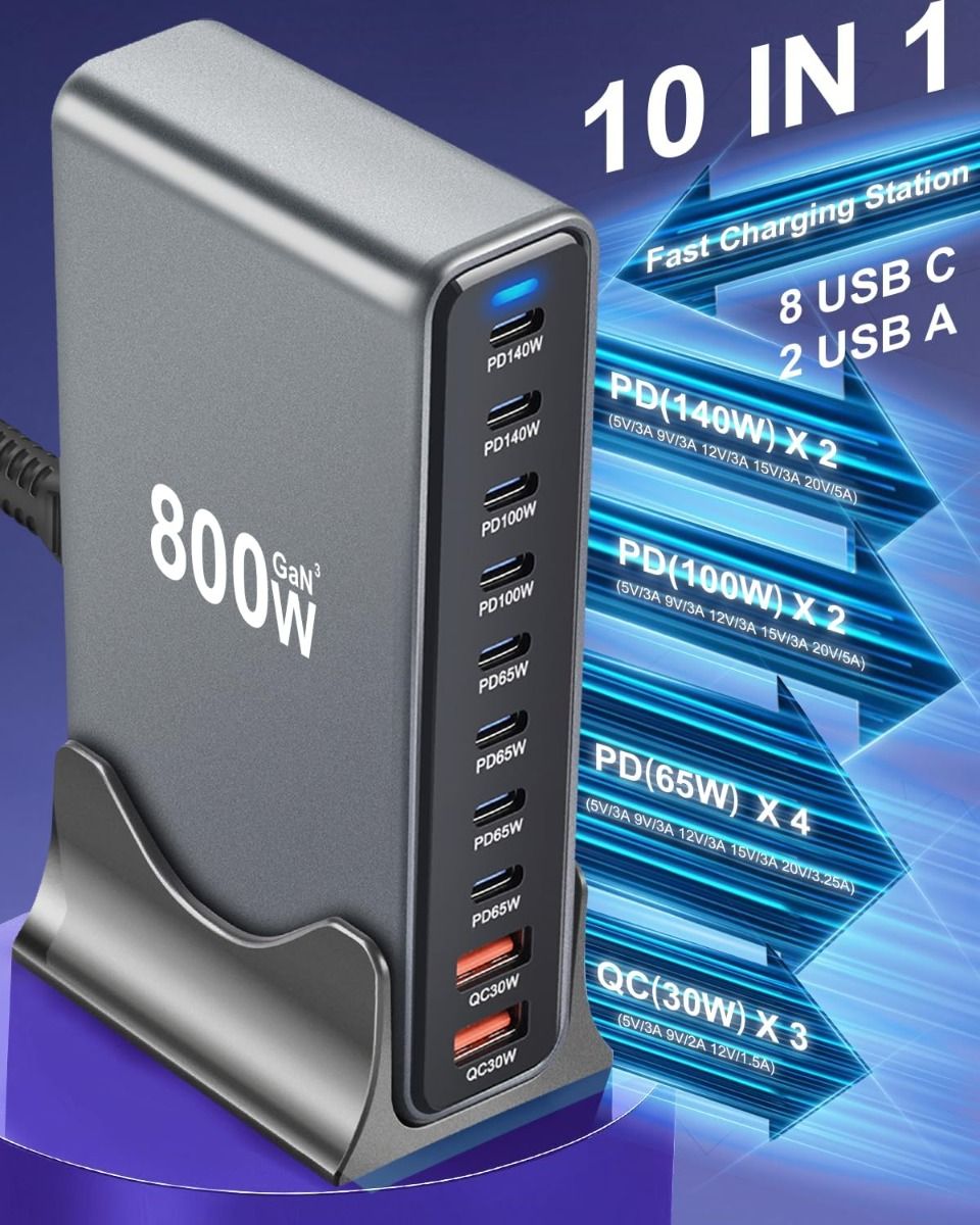 800W USB-C hurtigladerblokk, 10-ports USB-ladestasjon, GaN Ⅲ Pro Dual 140W PD PPS portlader kompatibel