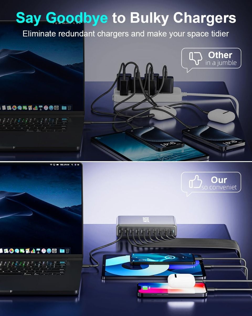 800W USB-C hurtigladerblokk, 10-ports USB-ladestasjon, GaN Ⅲ Pro Dual 140W PD PPS portlader kompatibel