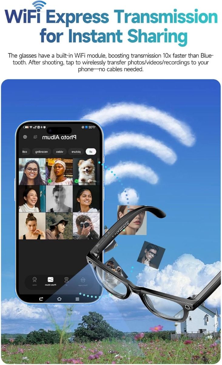 AI-smarte oversettelsesbriller, smarte briller med kamera og Bluetooth, AI-briller for samtaler og musikk, UV-beskyttelse, blålysfilterbriller for hverdagsbruk