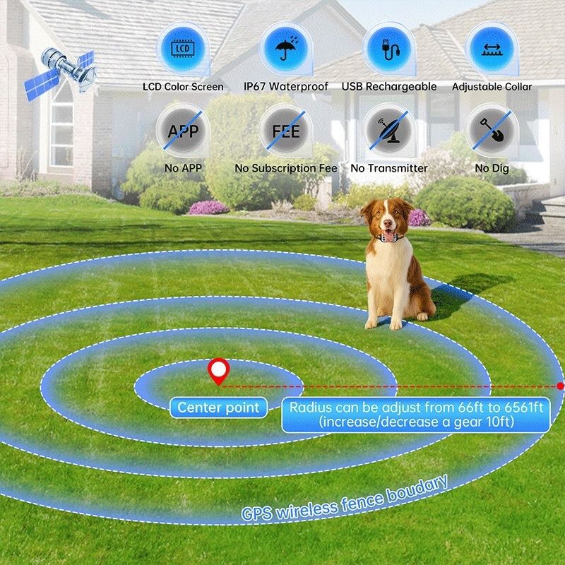 Trådløst hundegjerdehalsbånd, GPS-system for kjæledyravgrensing, oppladbart bjeffehalsbånd for hund, vannavstøtende antibjeff-trener, for hunder 15-120 lbs