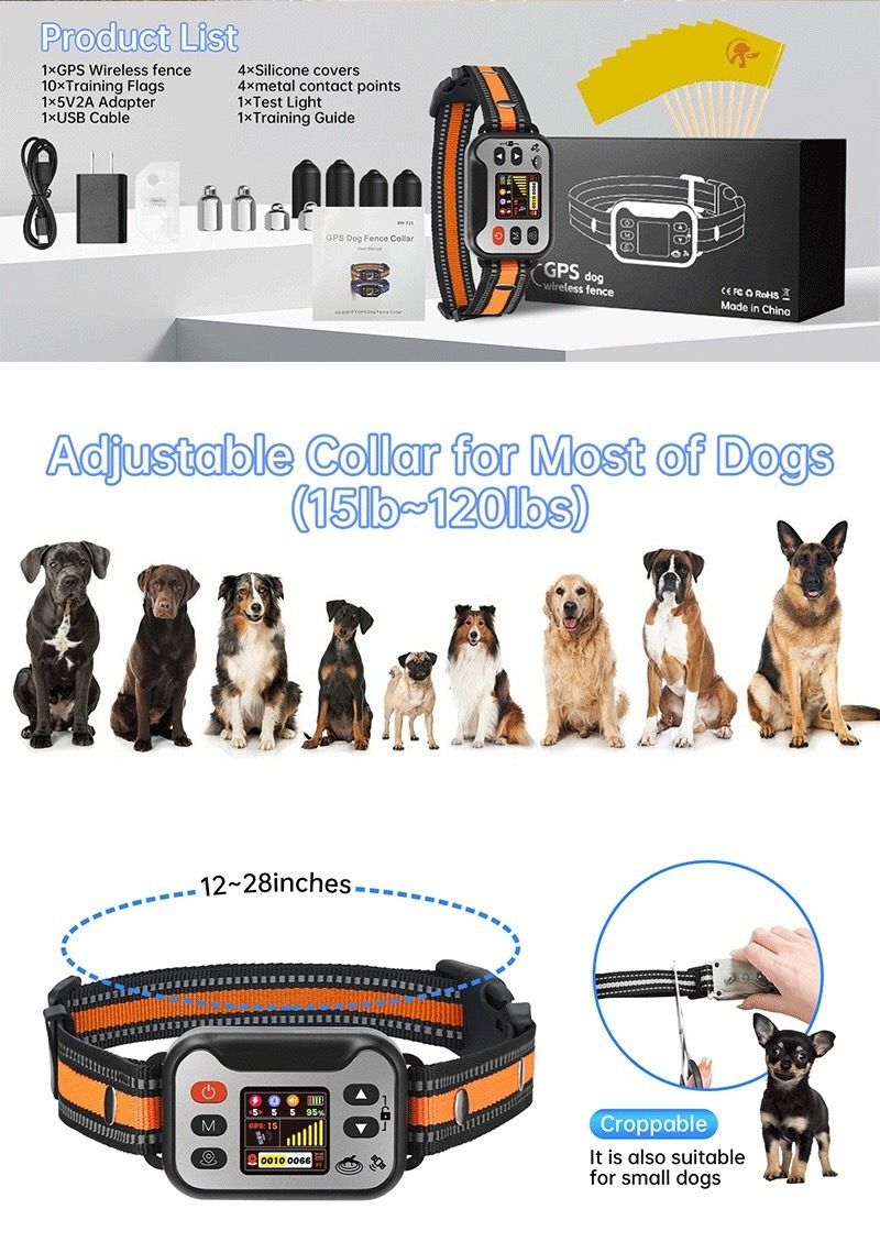 Trådløst hundegjerdehalsbånd, GPS-system for kjæledyravgrensing, oppladbart bjeffehalsbånd for hund, vannavstøtende antibjeff-trener, for hunder 15-120 lbs