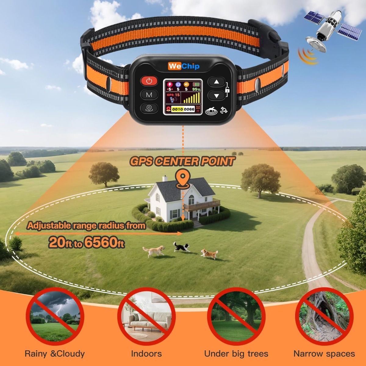 Trådløst hundegjerdehalsbånd, GPS-system for kjæledyravgrensing, oppladbart bjeffehalsbånd for hund, vannavstøtende antibjeff-trener, for hunder 15-120 lbs