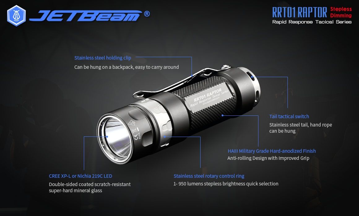 JETBeam JET-RRT01 XP-L 950 Lumen LED EDC lommelykt Slitesterk utendørsbelysning for camping og fotturer
