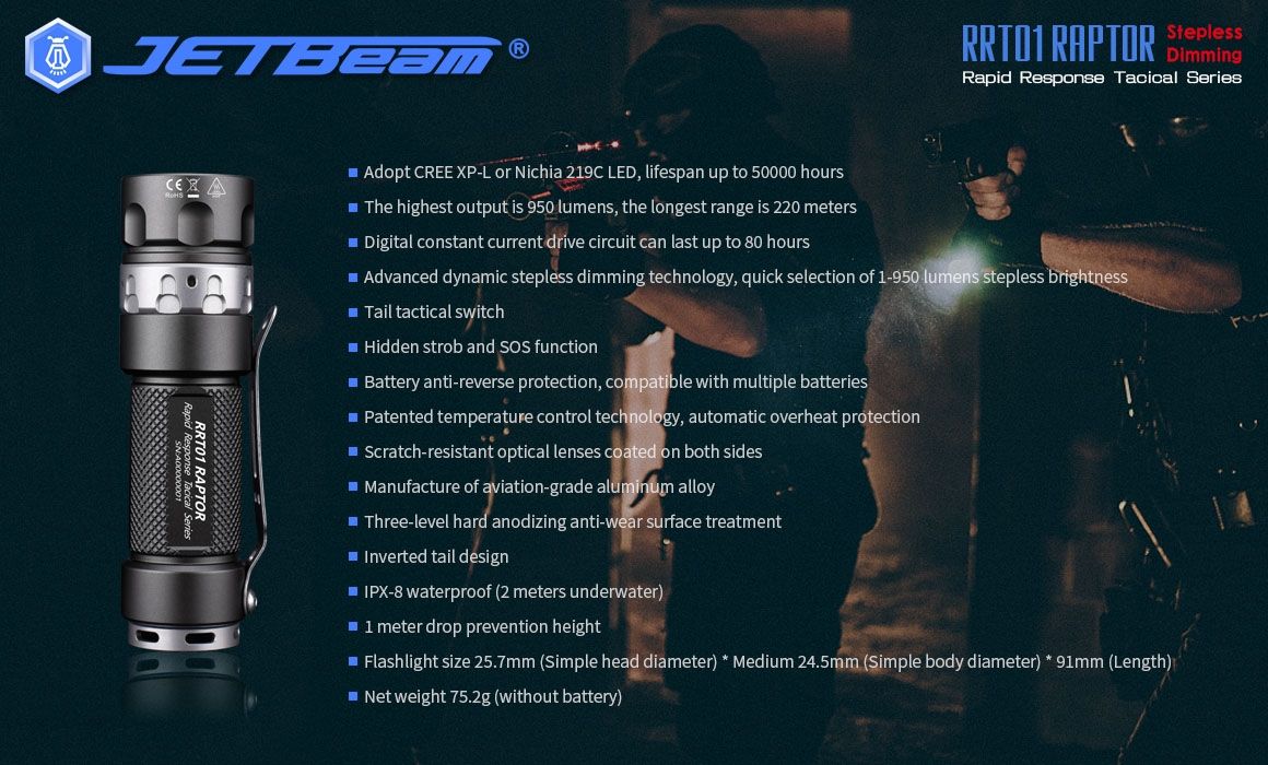 JETBeam JET-RRT01 XP-L 950 Lumen LED EDC lommelykt Slitesterk utendørsbelysning for camping og fotturer