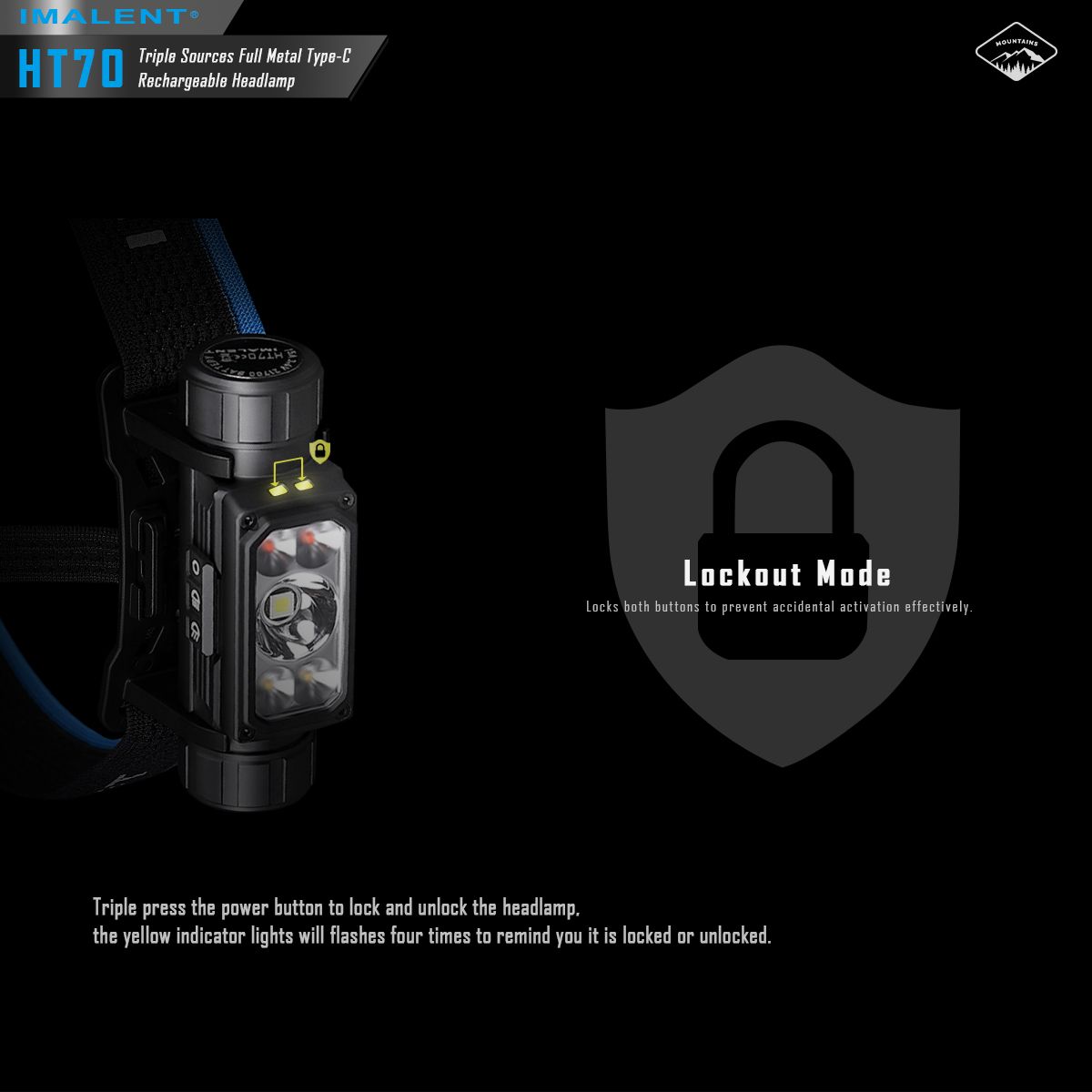 IMALENT HT70 Hodelykt med trippel lyskilder 3500 lumen oppladbar ergonomisk design for utendørseventyr