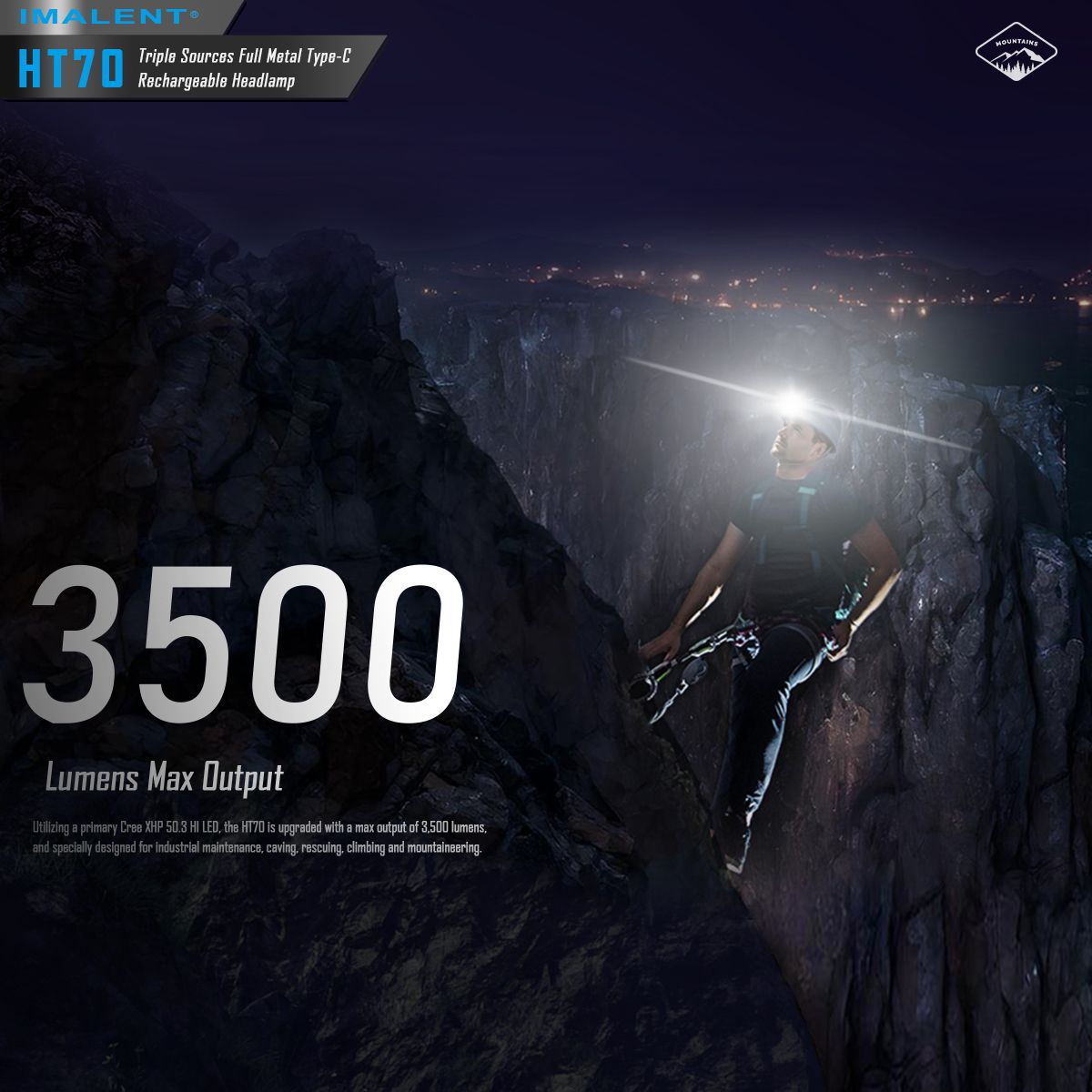 IMALENT HT70 Hodelykt med trippel lyskilder 3500 lumen oppladbar ergonomisk design for utendørseventyr