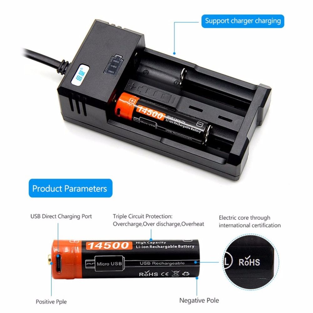 Doublepow 14500 750mAh oppladbart batteri 3.7V Li-ion med Micro USB for høyforbruksenheter og camping