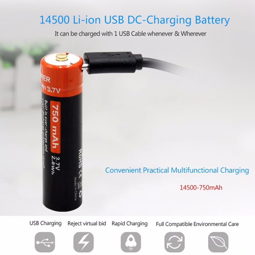Doublepow 14500 750mAh oppladbart batteri 3.7V Li-ion med Micro USB for høyforbruksenheter og camping
