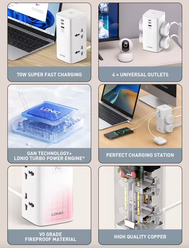 LDNIO Tårn Multi Tap Kube Strømstripe Utganger 70W Ladestasjoner 4 Uttak Linjefilter UK US EU Type Plugg til Universell Adapter
