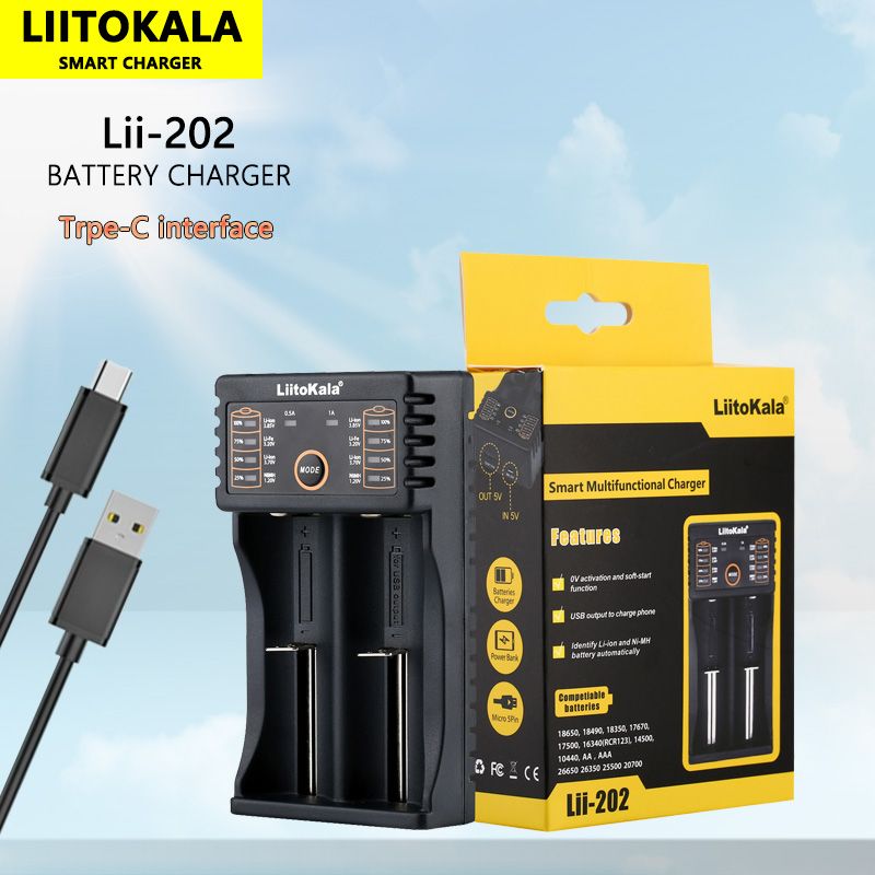 Liitokala Lii-202 Smartlader for 18650, 26650, 21700 NiMH og litiumbatterier med to kanaler og USB-utgang