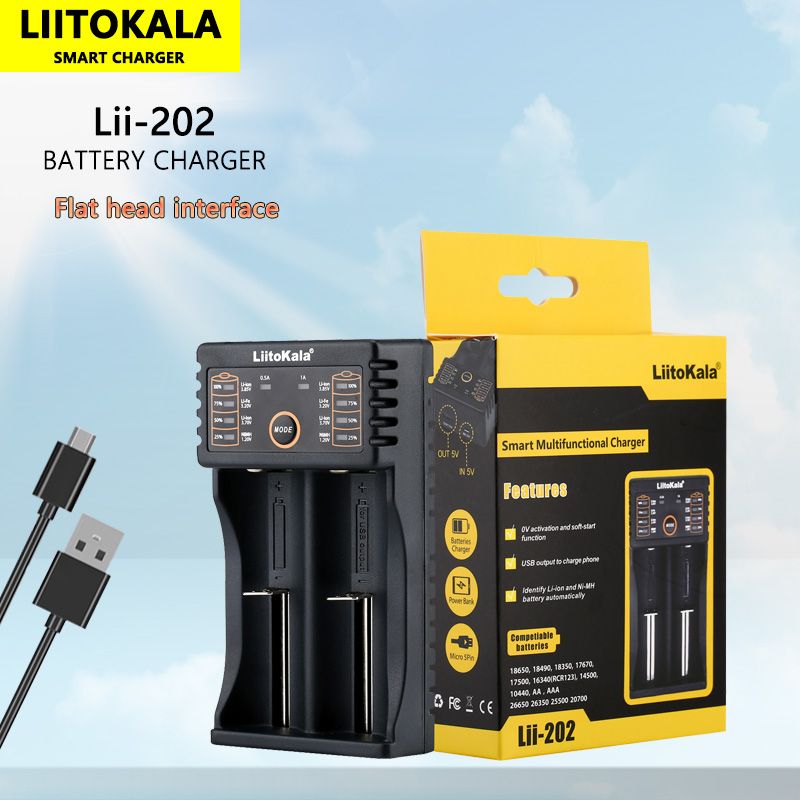 Liitokala Lii-202 Smartlader for 18650, 26650, 21700 NiMH og litiumbatterier med to kanaler og USB-utgang