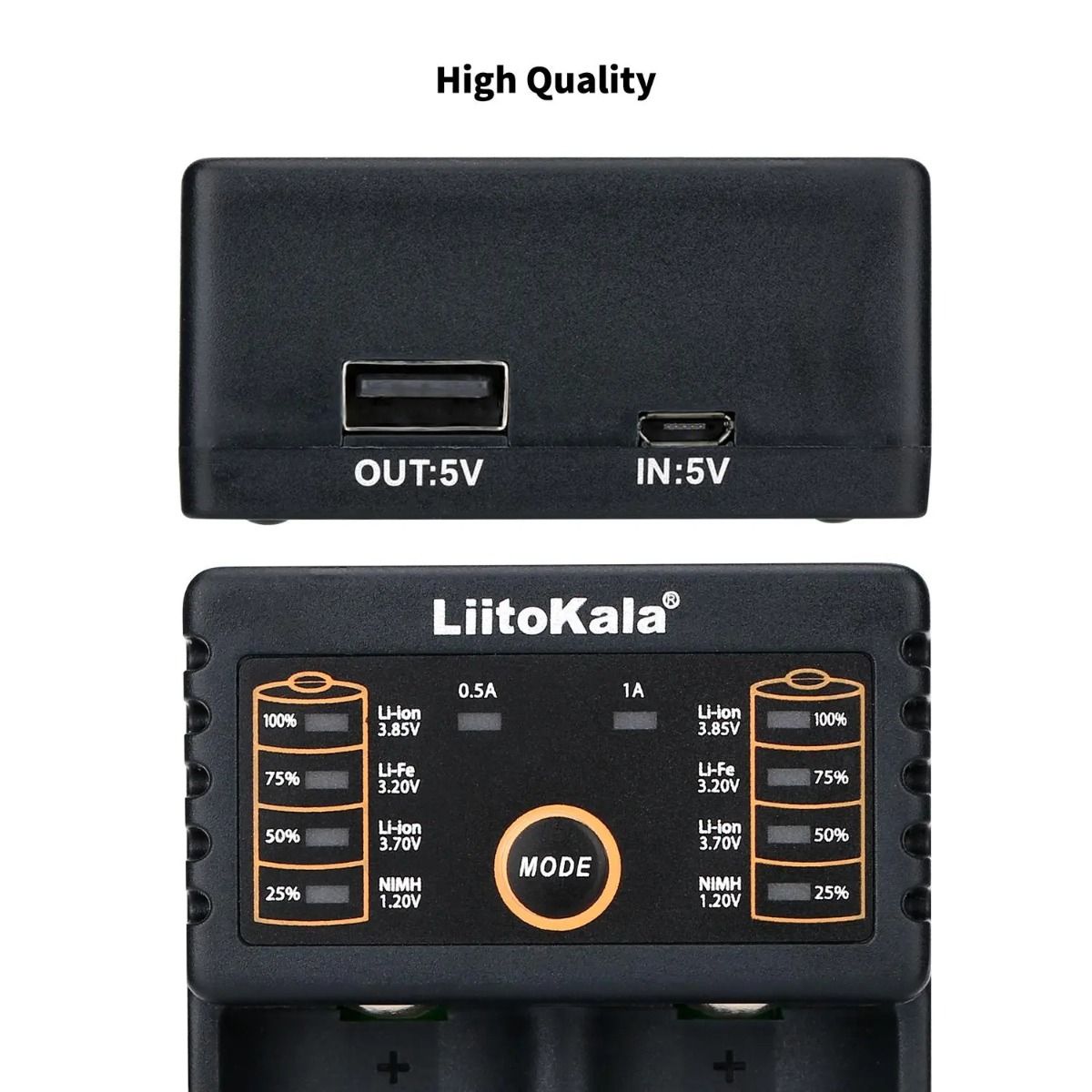 Liitokala Lii-202 Smartlader for 18650, 26650, 21700 NiMH og litiumbatterier med to kanaler og USB-utgang