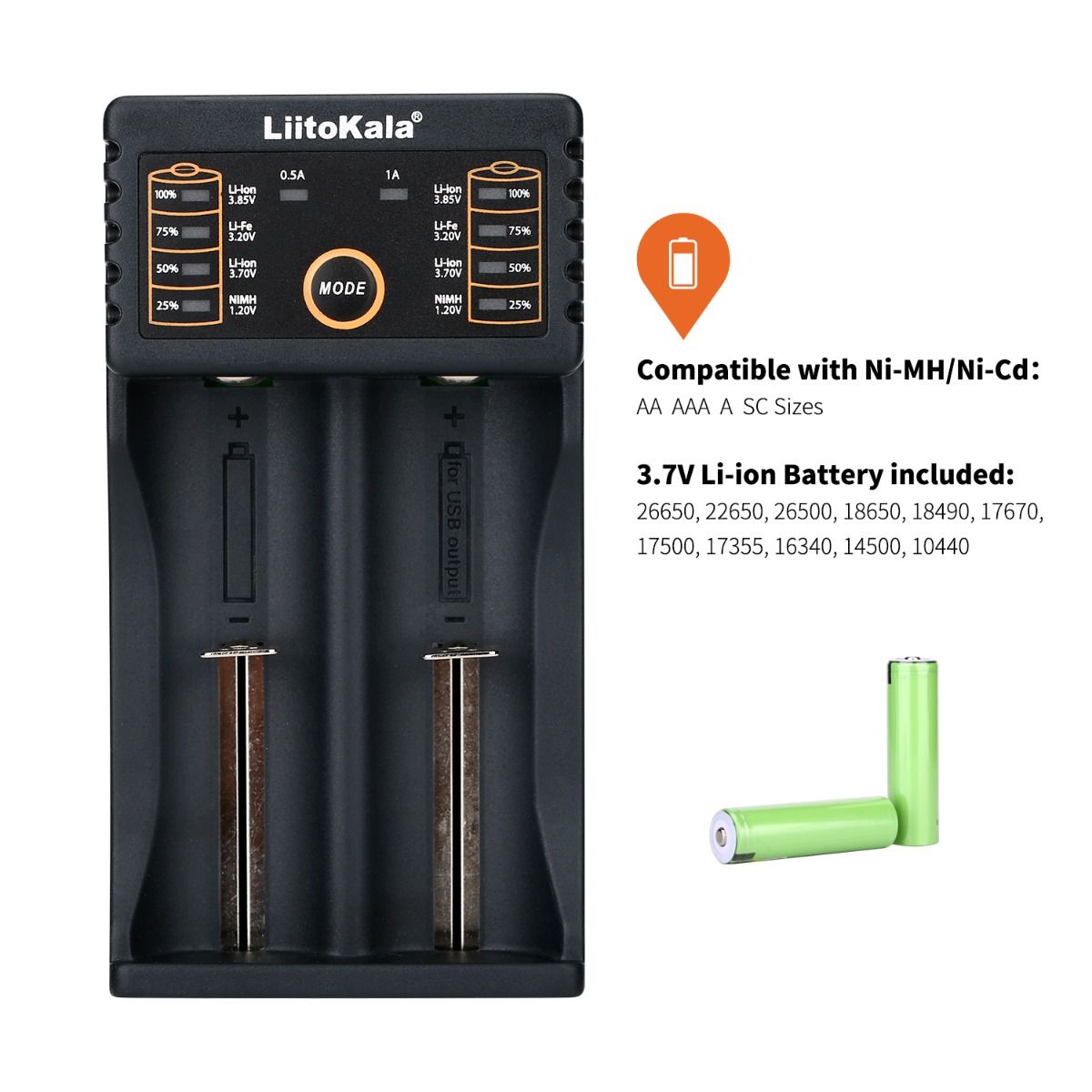 Liitokala Lii-202 Smartlader for 18650, 26650, 21700 NiMH og litiumbatterier med to kanaler og USB-utgang