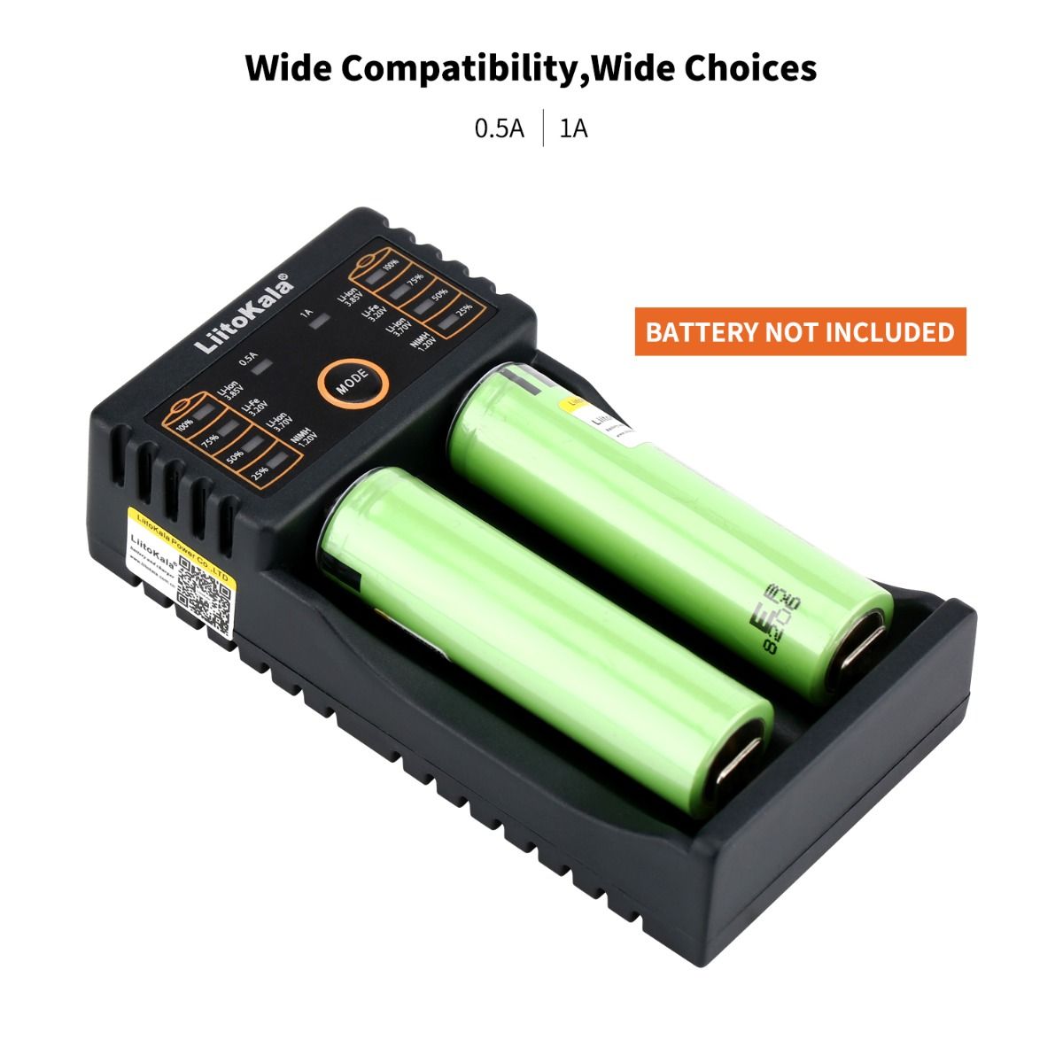 Liitokala Lii-202 Smartlader for 18650, 26650, 21700 NiMH og litiumbatterier med to kanaler og USB-utgang