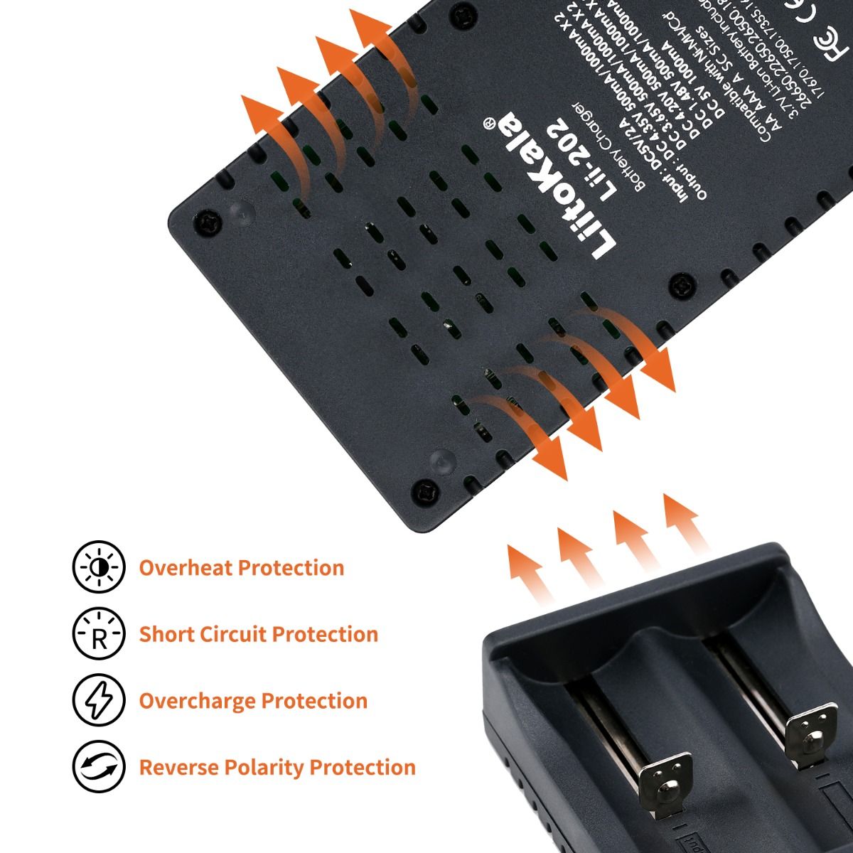 Liitokala Lii-202 Smartlader for 18650, 26650, 21700 NiMH og litiumbatterier med to kanaler og USB-utgang