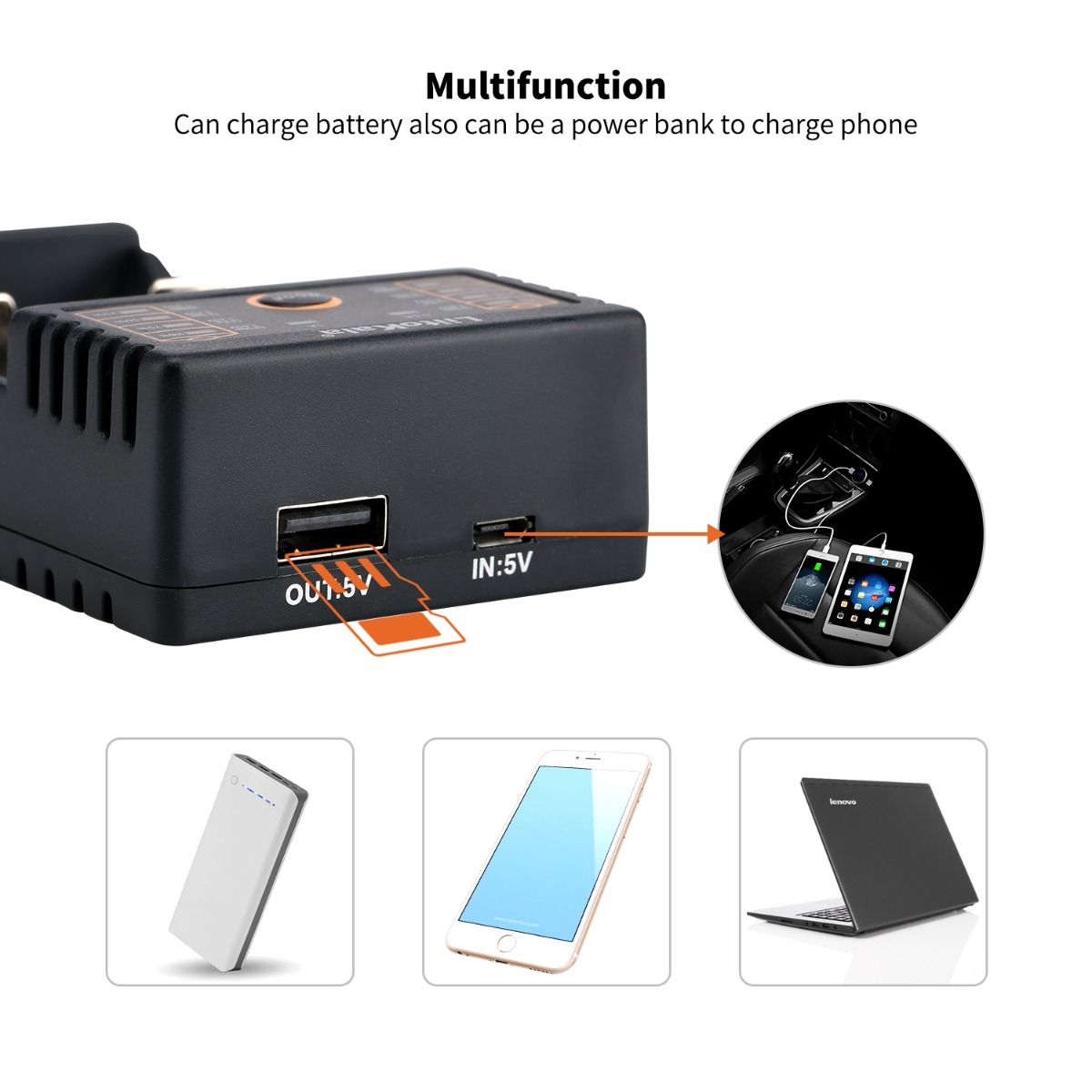 Liitokala Lii-202 Smartlader for 18650, 26650, 21700 NiMH og litiumbatterier med to kanaler og USB-utgang